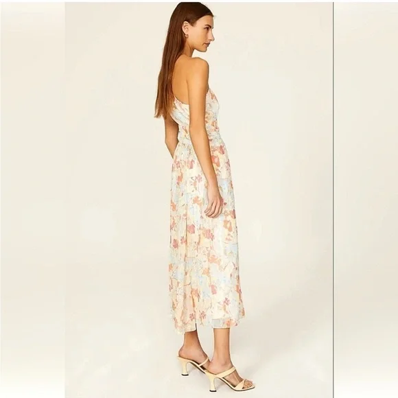 New Likely Sara Dress Floral Watercolor Metallic One Shoulder Midi Sz 0